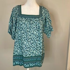 [BUNULU] Turquoise/Blue Flora Boho Blouse - Size Medium
